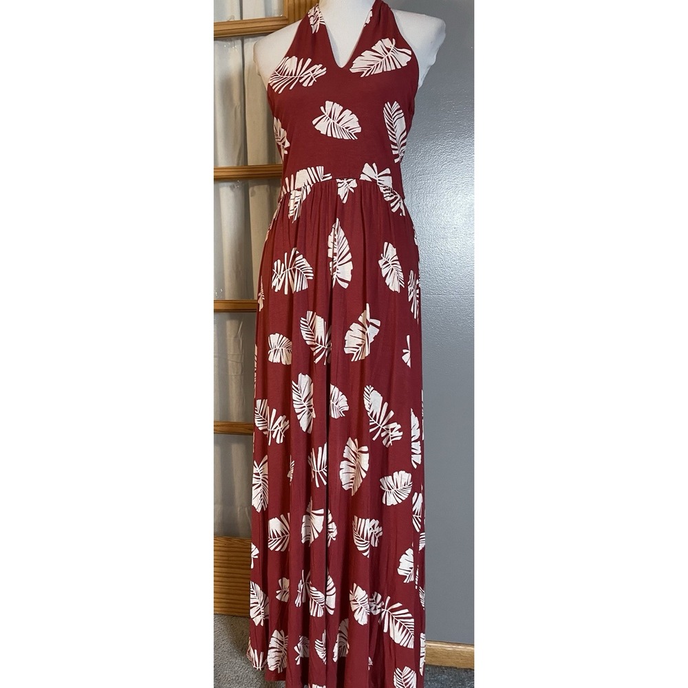 Y2K Ann Taylor Loft Halter Maxi Dress Sz M Red White Leaf Beach Hawaiian READ